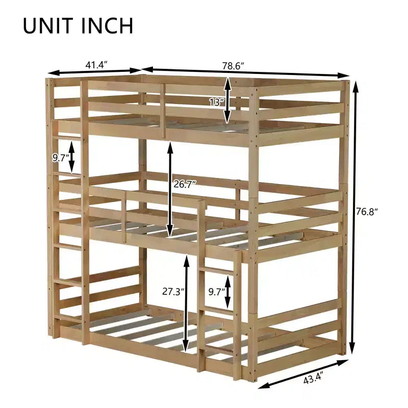 Litera triple de dos plazas con dos escaleras incorporadas y barandillas de protección, litera triple desmontable de madera de caucho de dos plazas