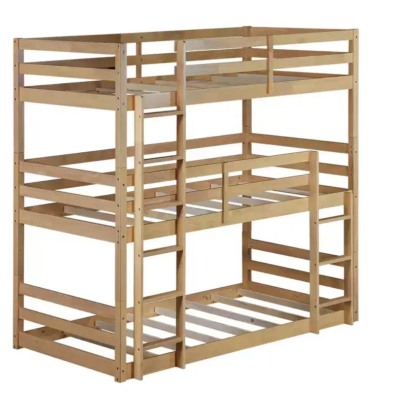 Litera triple de dos plazas con dos escaleras incorporadas y barandillas de protección, litera triple desmontable de madera de caucho de dos plazas