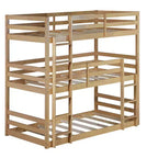 Litera triple de dos plazas con dos escaleras incorporadas y barandillas de protección, litera triple desmontable de madera de caucho de dos plazas