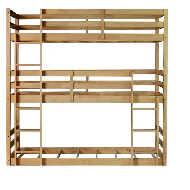 Litera triple de dos plazas con dos escaleras incorporadas y barandillas de protección, litera triple desmontable de madera de caucho de dos plazas