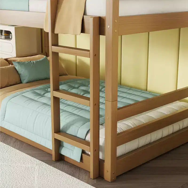 Litera triple de dos plazas con dos escaleras incorporadas y barandillas de protección, litera triple desmontable de madera de caucho de dos plazas