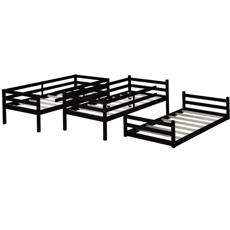 Litera triple de dos plazas con dos escaleras incorporadas y barandillas de protección, litera triple desmontable de madera de caucho de dos plazas