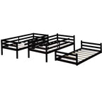 Litera triple de dos plazas con dos escaleras incorporadas y barandillas de protección, litera triple desmontable de madera de caucho de dos plazas