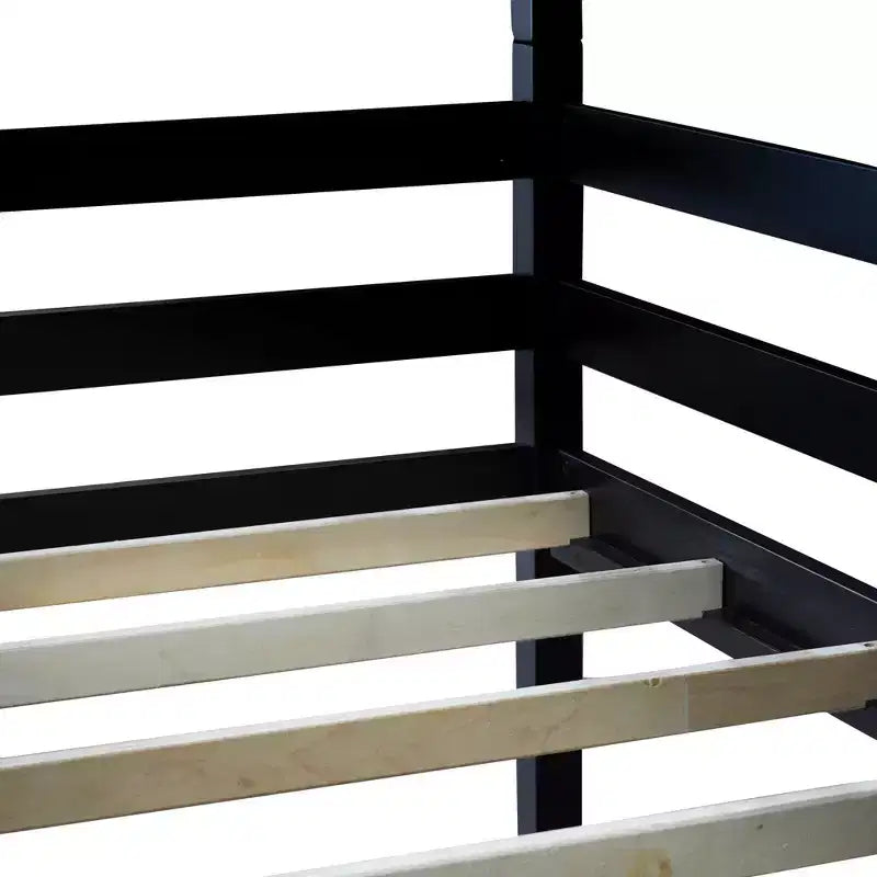 Litera triple de dos plazas con dos escaleras incorporadas y barandillas de protección, litera triple desmontable de madera de caucho de dos plazas