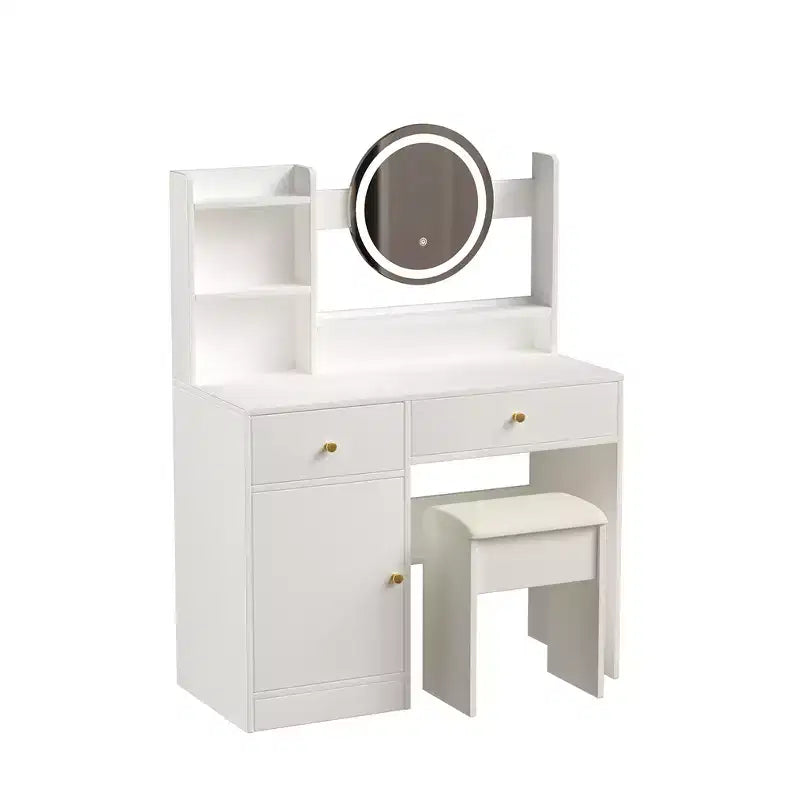 Tocador con espejo LED iluminado, mesa de maquillaje moderna para dormitorio, 3 modos de iluminación y brillo ajustable, armario y taburete tapizado incluidos