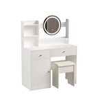 Tocador con espejo LED iluminado, mesa de maquillaje moderna para dormitorio, 3 modos de iluminación y brillo ajustable, armario y taburete tapizado incluidos