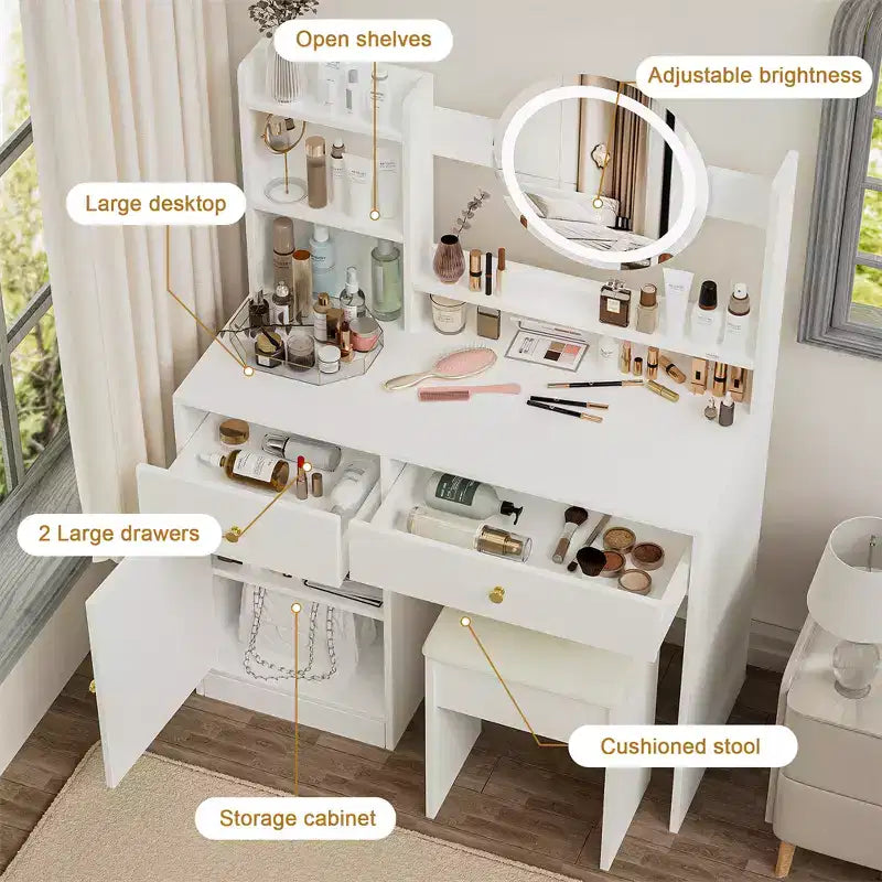 Tocador con espejo LED iluminado, mesa de maquillaje moderna para dormitorio, 3 modos de iluminación y brillo ajustable, armario y taburete tapizado incluidos