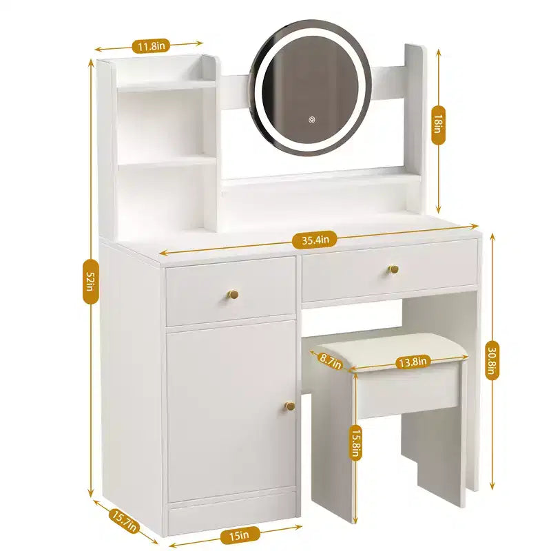 Tocador con espejo LED iluminado, mesa de maquillaje moderna para dormitorio, 3 modos de iluminación y brillo ajustable, armario y taburete tapizado incluidos