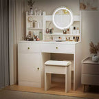 Tocador con espejo LED iluminado, mesa de maquillaje moderna para dormitorio, 3 modos de iluminación y brillo ajustable, armario y taburete tapizado incluidos