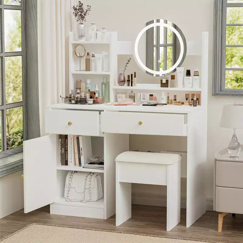 Tocador con espejo LED iluminado, mesa de maquillaje moderna para dormitorio, 3 modos de iluminación y brillo ajustable, armario y taburete tapizado incluidos