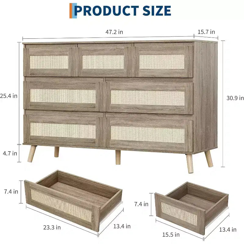 Cómodas de madera para dormitorio con 7 cajones, cómoda ancha moderna para sala de estar, pasillo, cómodas de armario de madera con cajones de ratán