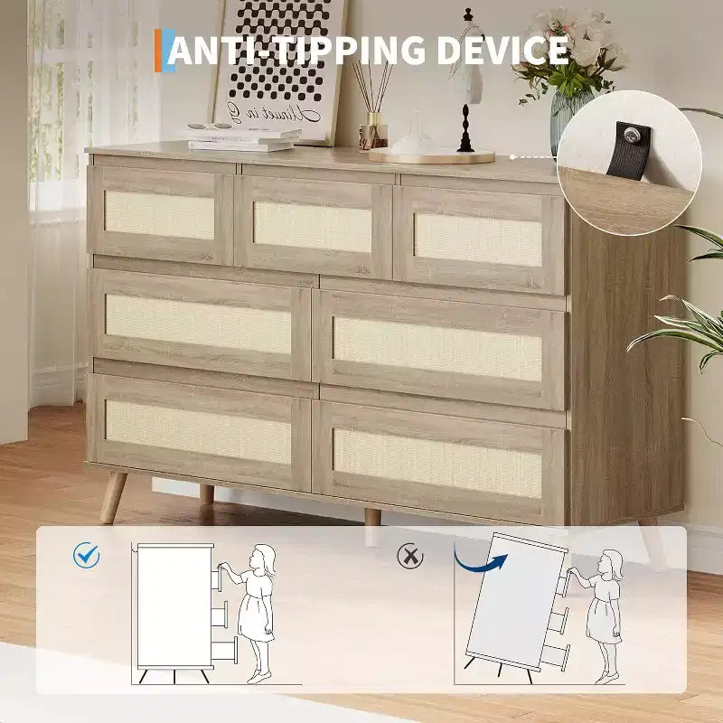 Cómodas de madera para dormitorio con 7 cajones, cómoda ancha moderna para sala de estar, pasillo, cómodas de armario de madera con cajones de ratán
