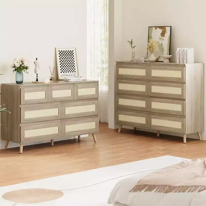 Cómodas de madera para dormitorio con 7 cajones, cómoda ancha moderna para sala de estar, pasillo, cómodas de armario de madera con cajones de ratán