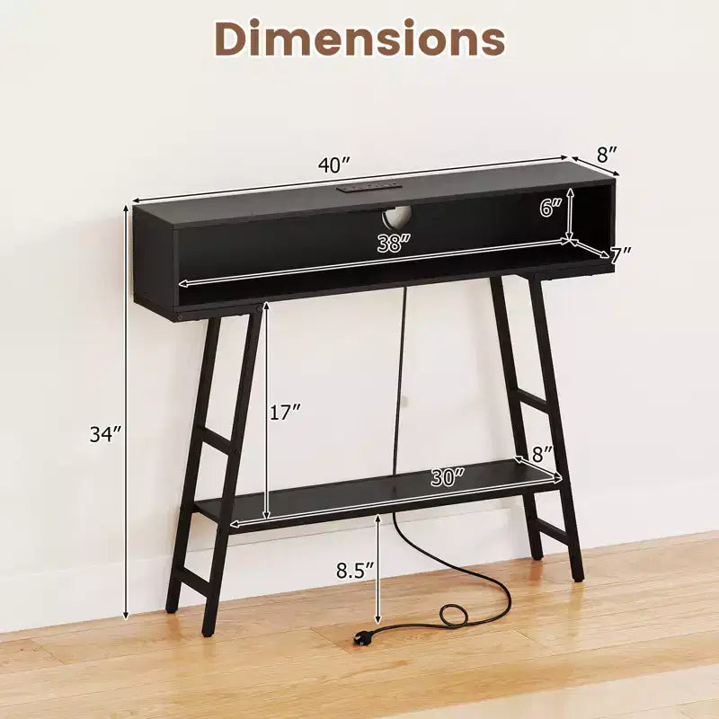 Mesa consola de 40 pulgadas con regleta, mesa de entrada de 3 niveles con luces LED RGB, color negro
