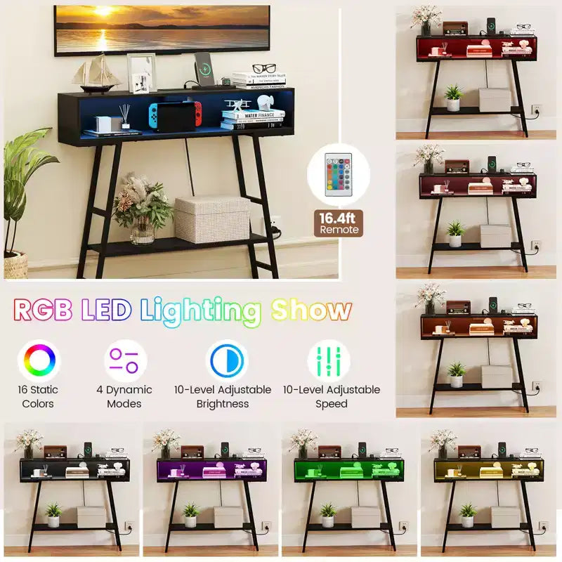 Mesa consola de 40 pulgadas con regleta, mesa de entrada de 3 niveles con luces LED RGB, color negro