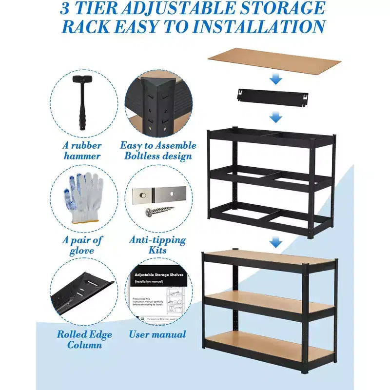 Estanterías de Almacenamiento, Unidad de Estanterías Metálicas Ajustables de 3 Niveles de Alta Resistencia, Estantería Industrial para Garaje, Almacén, Despensa, Armario