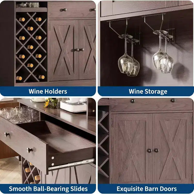 Cafetería con exquisitas puertas de granero, aparador con botellero, mueble de almacenamiento para cocina, comedor