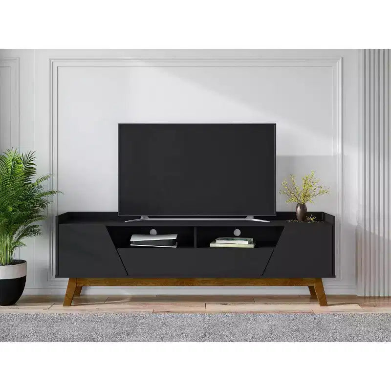 Mueble de TV moderno de mediados de siglo con 4 estantes para televisores de hasta 70", gestión de cables