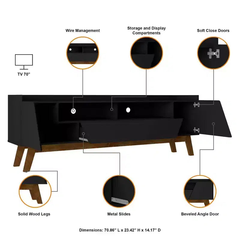 Mueble de TV moderno de mediados de siglo con 4 estantes para televisores de hasta 70", gestión de cables