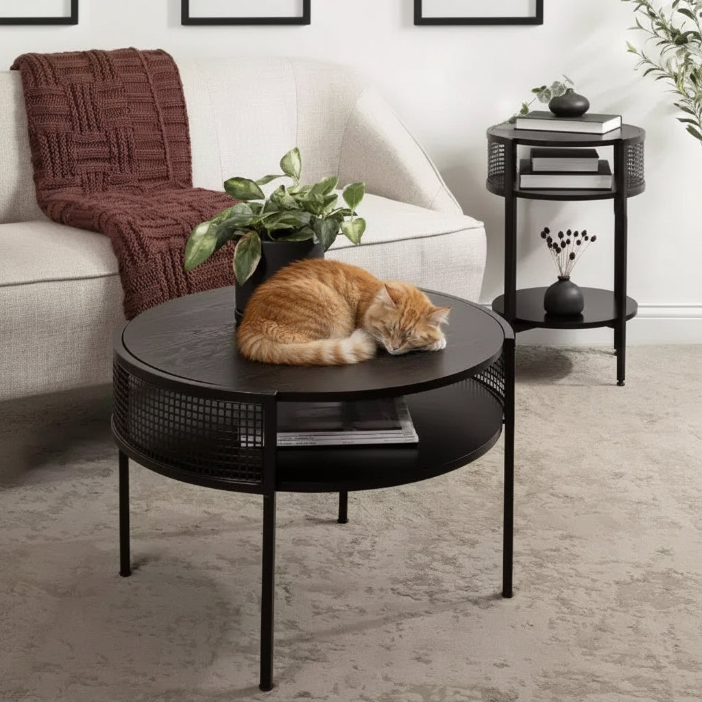 Mesa auxiliar redonda de madera y metal Urso, 16x15x25, negro