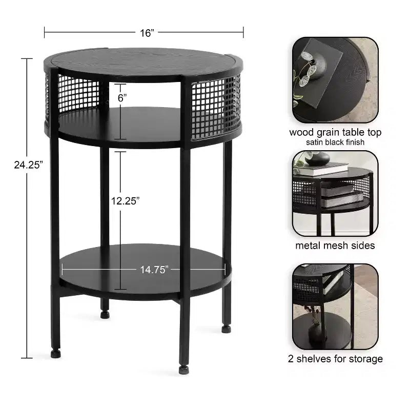 Mesa auxiliar redonda de madera y metal Urso, 16x15x25, negro
