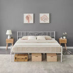 Base de cama King Size de metal con cabecero y piecero, soporte de láminas de acero, base de colchón, no necesita somier, blanco