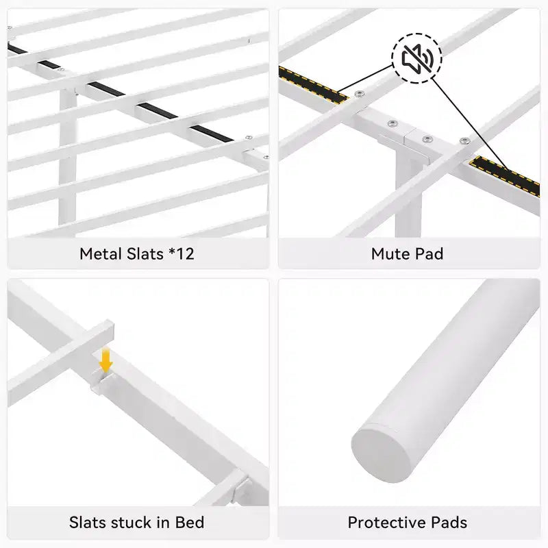 Base de cama King Size de metal con cabecero y piecero, soporte de láminas de acero, base de colchón, no necesita somier, blanco