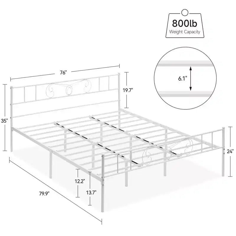 Base de cama King Size de metal con cabecero y piecero, soporte de láminas de acero, base de colchón, no necesita somier, blanco